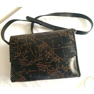 Patrica Nash Black Leather Map Sarola Scalloped Flap Snap Shoulder Bag Crossbody